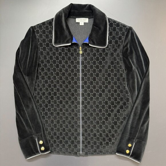 Y2K St. John Sport‎ Marie Gray Black Impressed Logo Velour Jacket Rich Mobwife - Picture 6 of 12